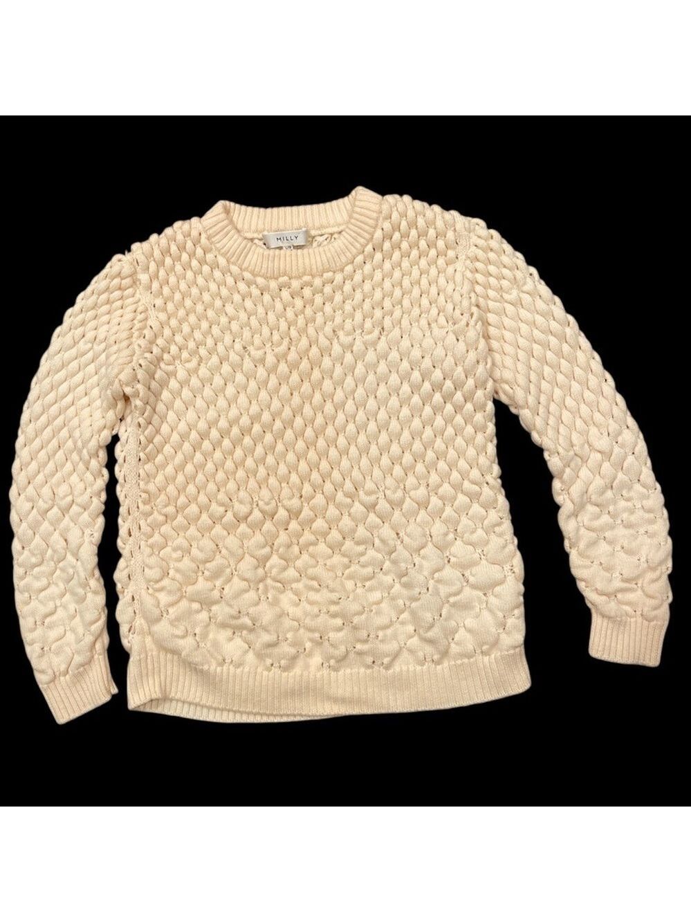 Molly L cream 100% soft wool long sleeve crew neck basket weave knit sweater